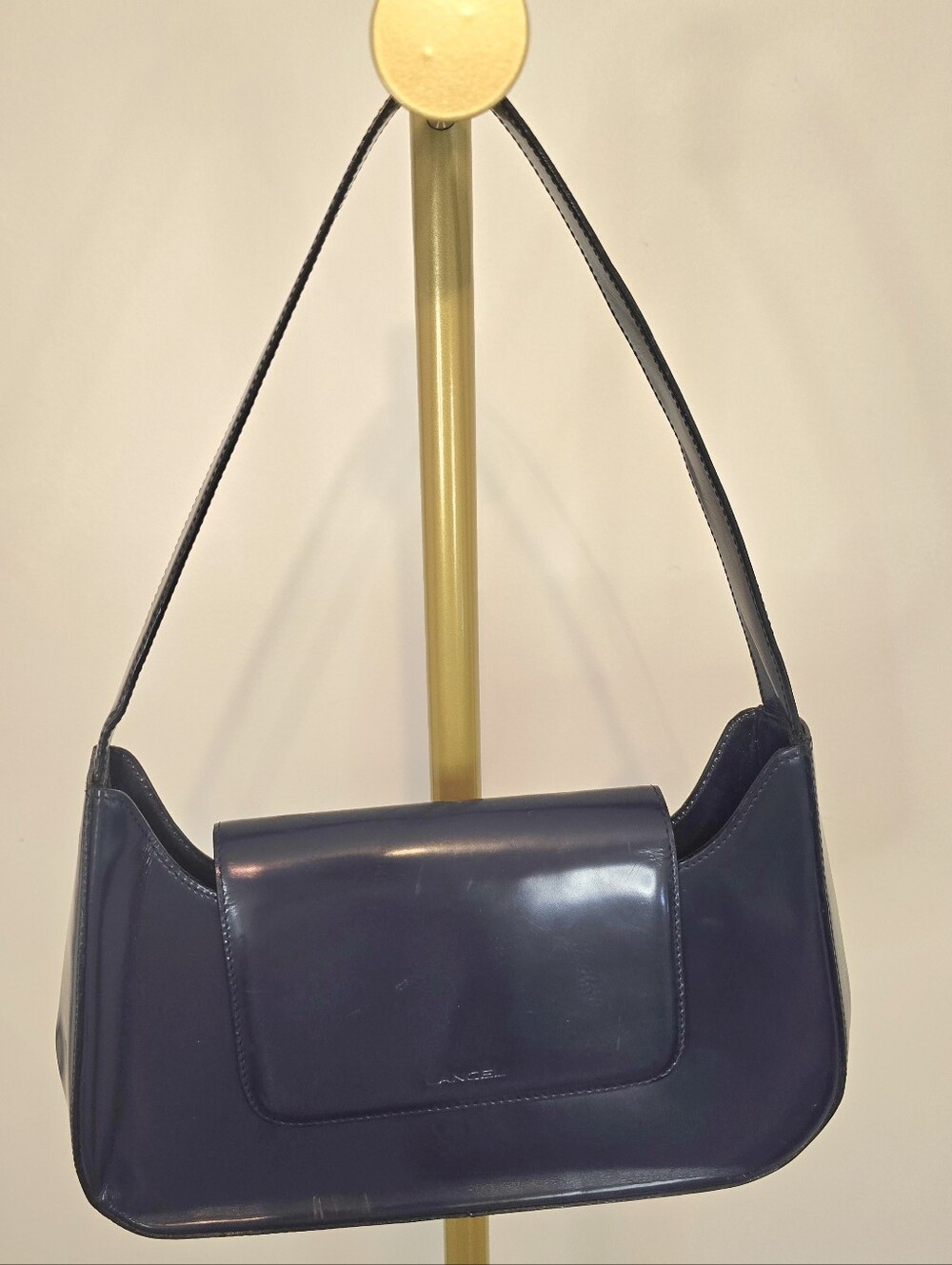 Lancel Navy Blue Leather Baguette Shoulder Bag Y2K French Designer